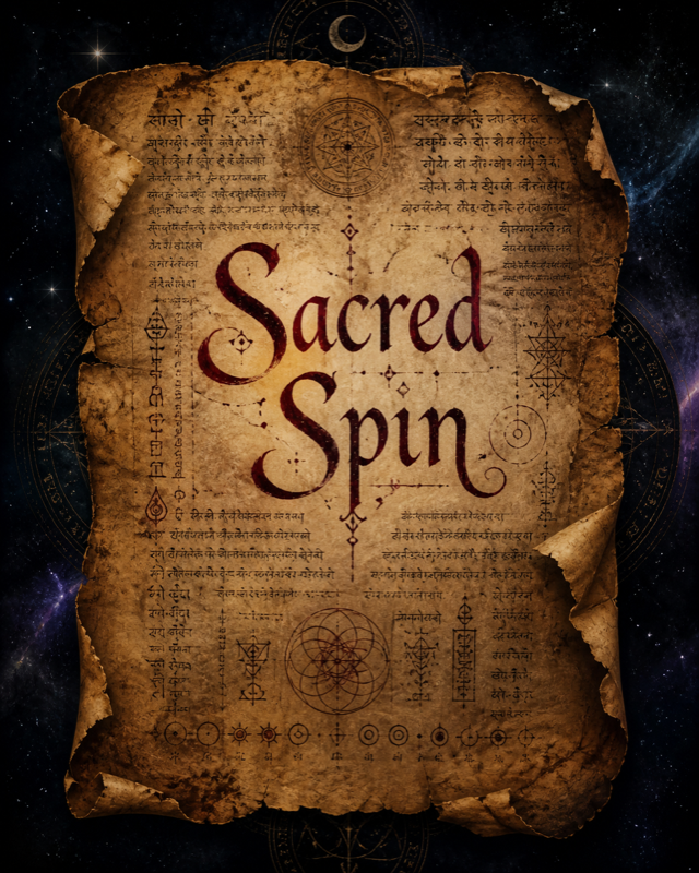Sacred Spin — illuminated parchment with calligraphic title